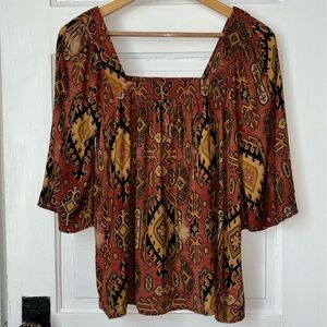 CHASER BOHO TRIBAL PRINT SQUARE NECK FLOWY TOP